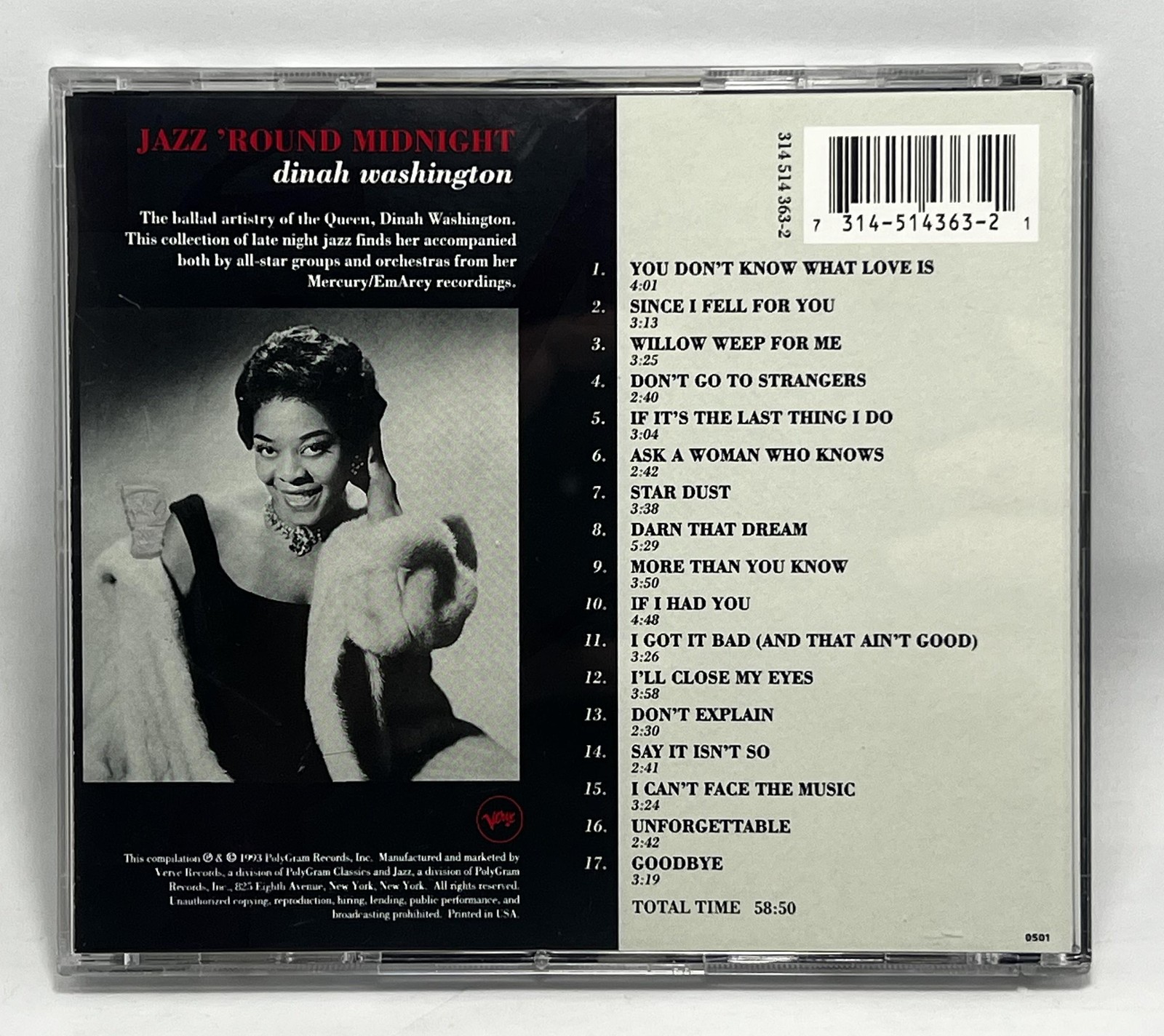 Vintage Dinah Washington CD Jazz 'Round Midnight Vocal Jazz Album Verve 1993