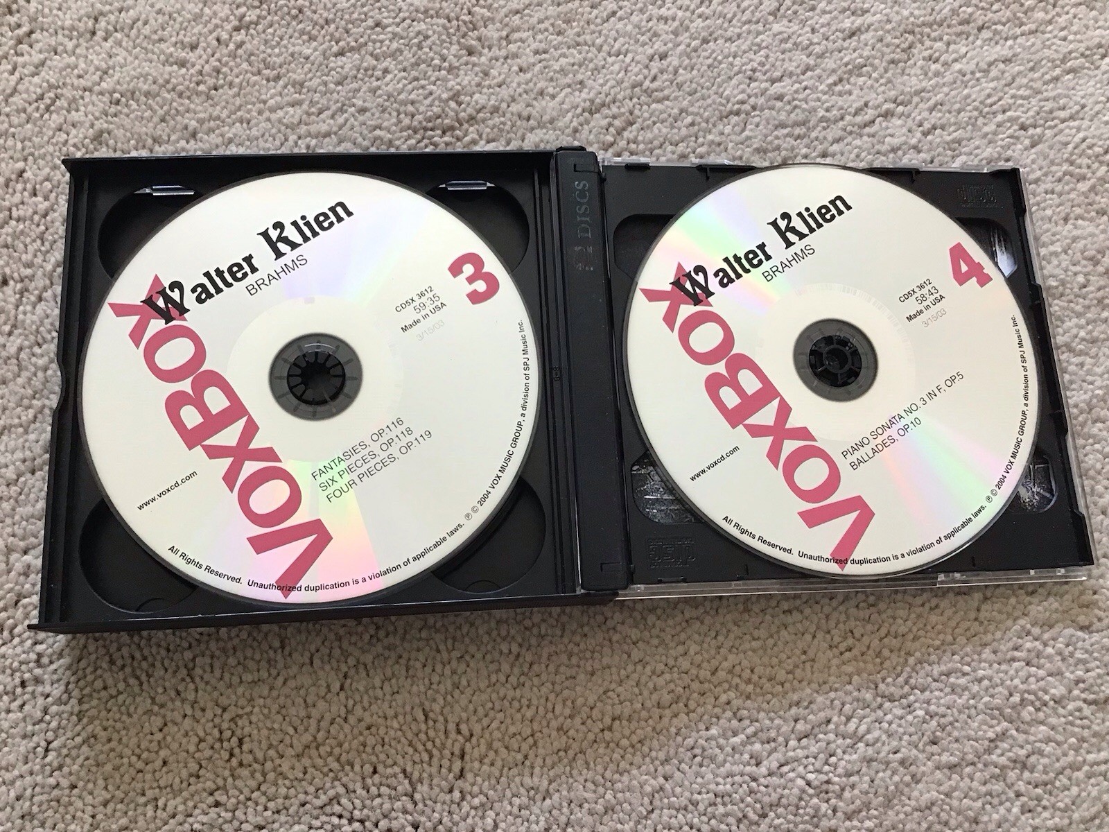 Walter Klien Plays Brahms 5 CD Set 2004 VoxBox CD5X 3612 Plus Extra Inserts