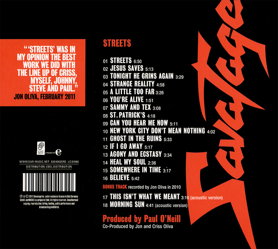 Savatage ~ Streets: A Rock Opera (1991) CD 2011 Ear Music Germany •• NEW ••