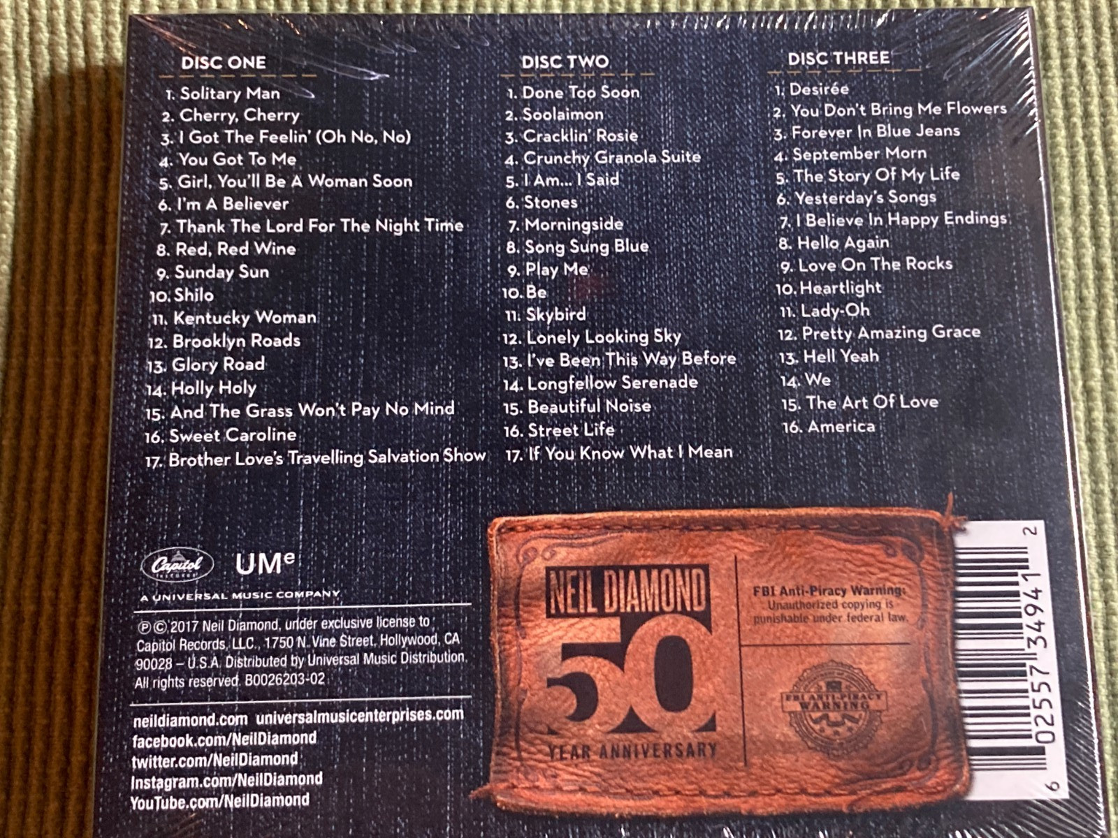 NEIL DIAMOND 50TH ANNIVERSARY COLLECTION 50 TRACK 3 CD SET FREE SHIPPING