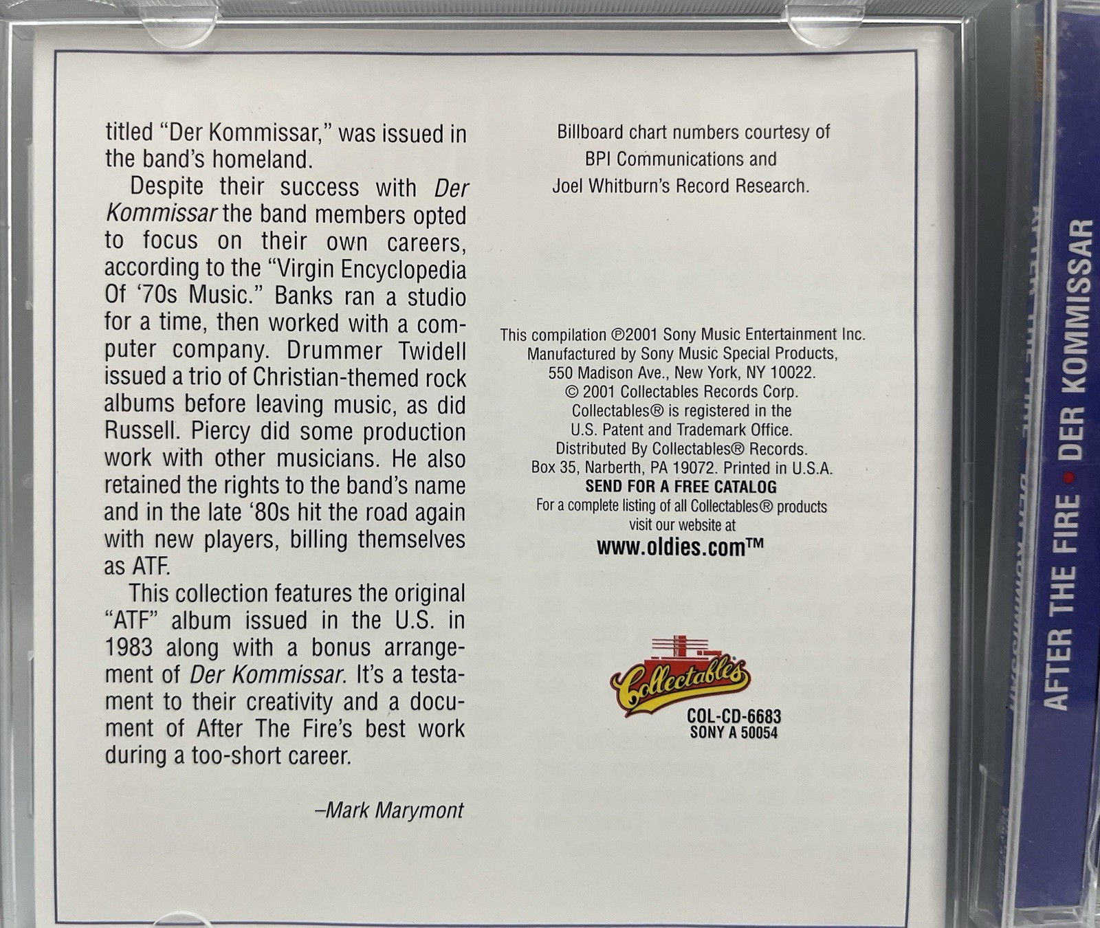 ATF After The Fire Der Kommissar CD 2001 Collectables Reissue EUC