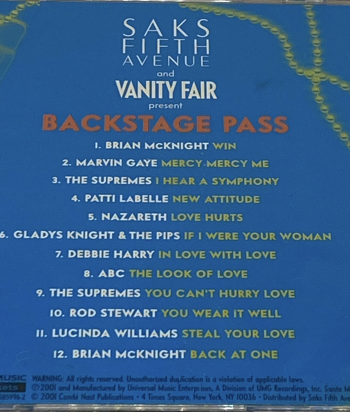 Backstage Pass Music CD 2001 Saks Fifth Avenue Vanity Fair Present Pop Rock New