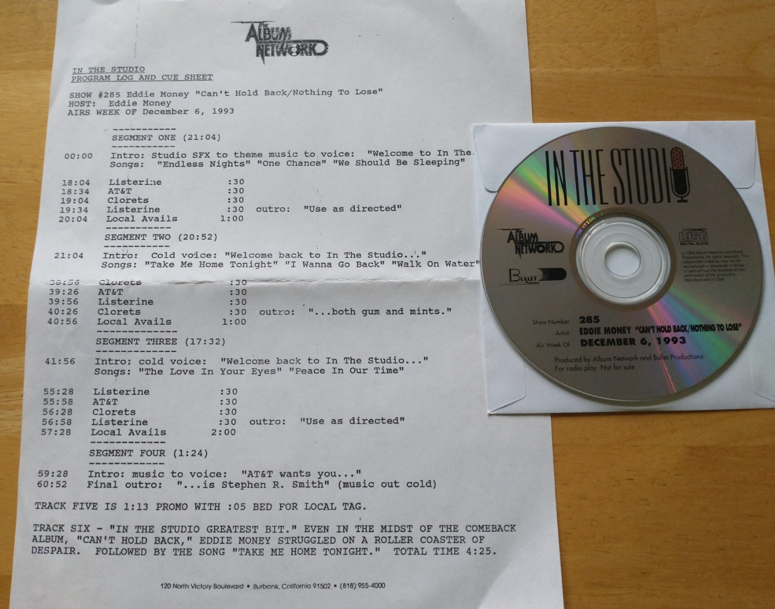 Eddie Money In The Studio 'Cant Hold Back/Nothing To Lose' 1 cd radio show 12/93
