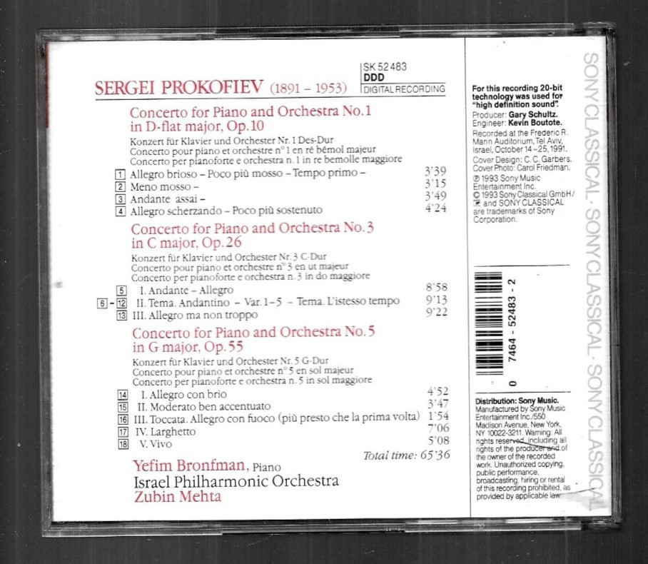Prokofiev: Concertos Nos. 1, 3 & 5 (SK 58966 CD) Zubin Mehta Bronfman