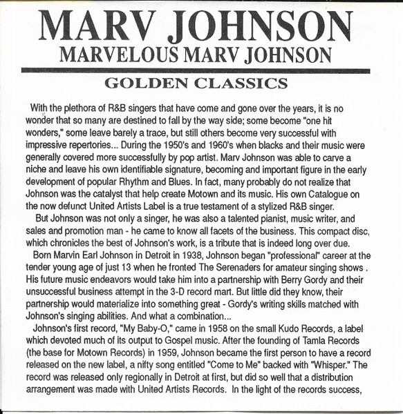 Marv Johnson – Marvelous Marv Johnson CD 1991 Collectables Golden Classics 09043