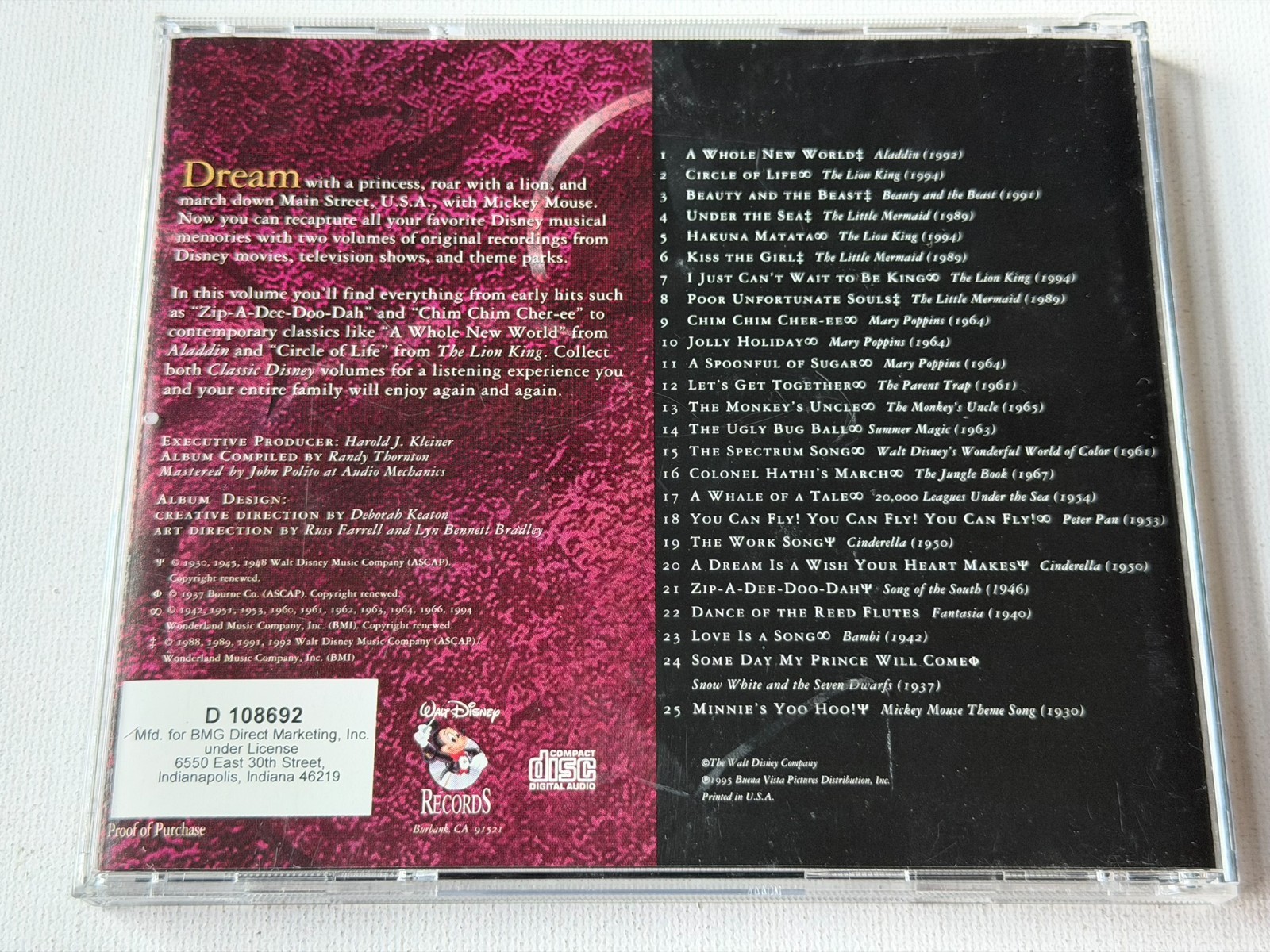 CLASSIC Disney Volume 1 - BMG CD - 1997 - 25 Tracks - GREAT CONDITION