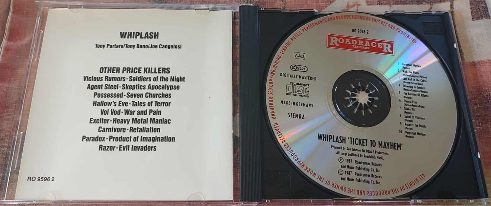WHIPLASH - TICKET TO MAYHEM -1987 ROADRACER PRICE KILLER RO 9596 2 HYPER-RARE 1P