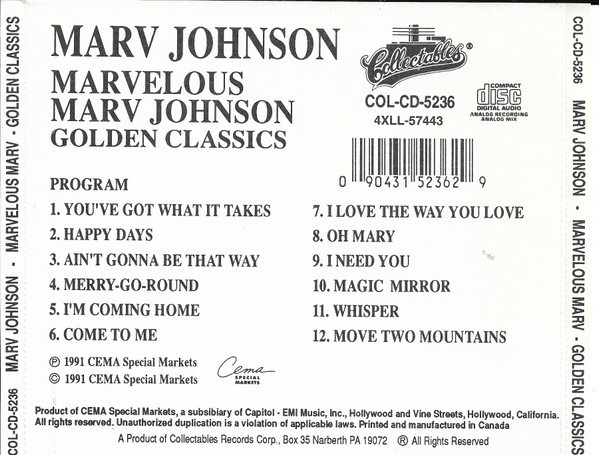 Marv Johnson – Marvelous Marv Johnson CD 1991 Collectables Golden Classics 09043
