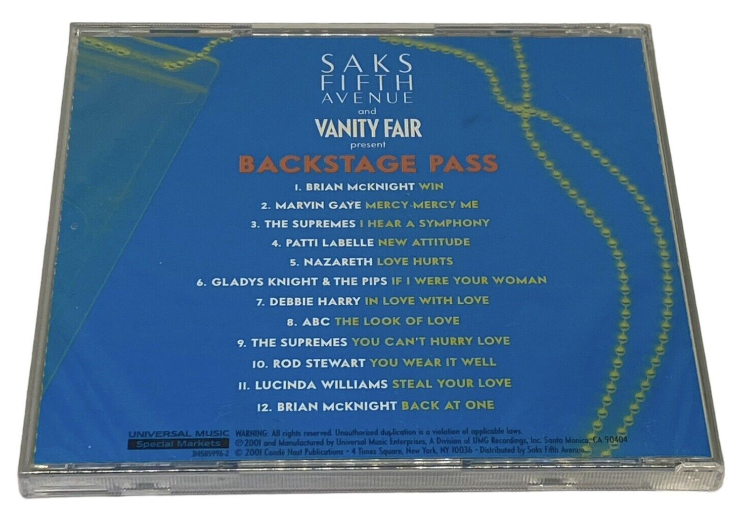 Backstage Pass Music CD 2001 Saks Fifth Avenue Vanity Fair Present Pop Rock New