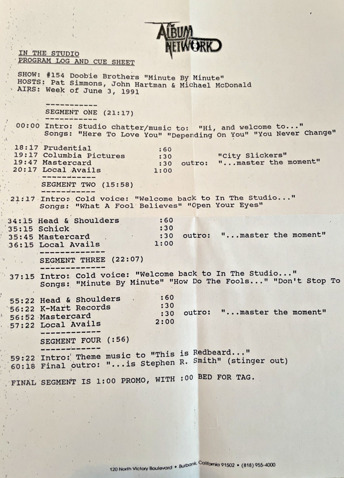 Doobie Brothers Minute By Minute "In The Studio" Radio Show # 154 with Cue Sheet