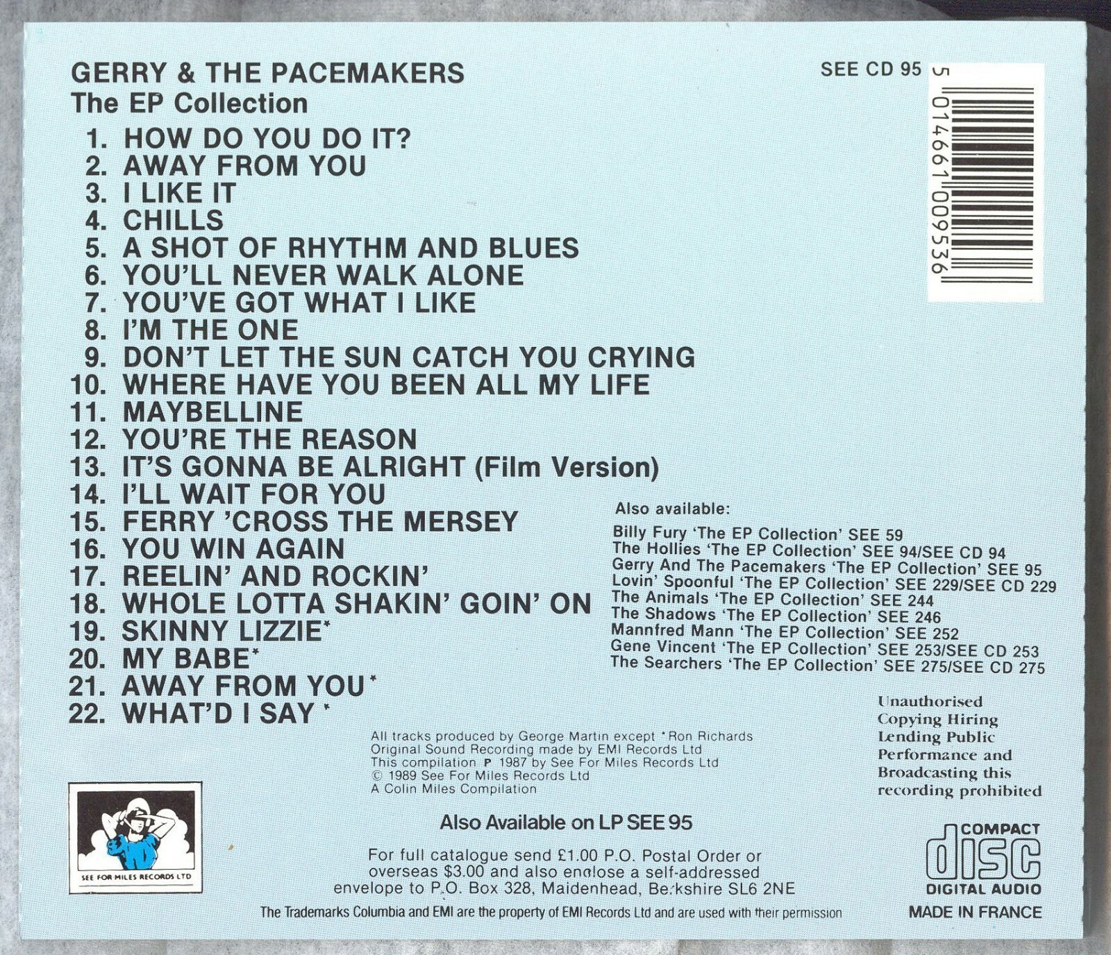 GERRY & THE PACEMAKERS THE EP COLLECTION FRANCE IMPORT SEE FOR MILES CD 22 TRACK