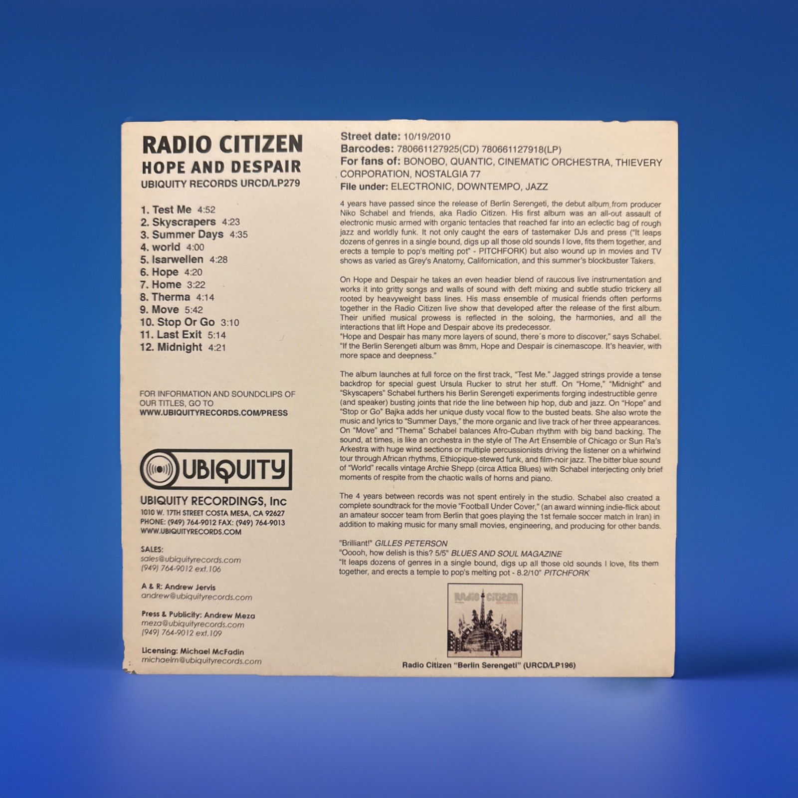 RR 2010 Radio Citizen Hope and Despair CD Ubiquity LIKE NEW PROMO