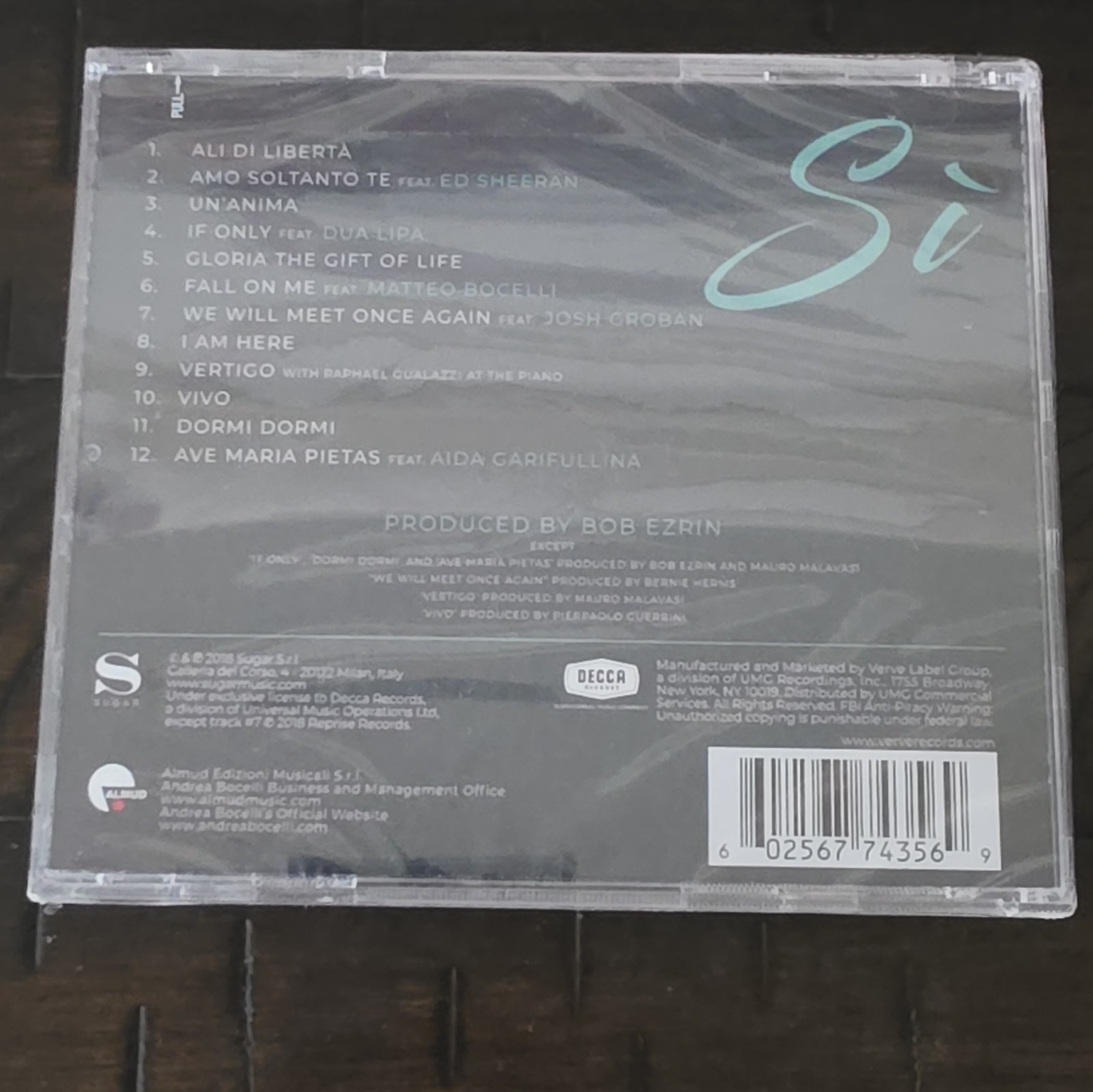 Andrea Bocelli Sì CD Album 2018 Decca Records Classical Jewel Case Bob Ezrin