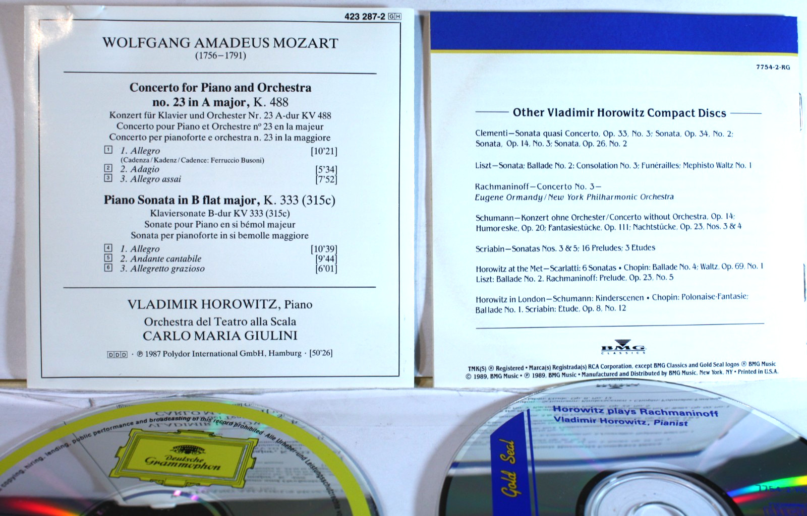 LOT OF 2 CDs "HOROWITZ PLAYS MOZART (&) ...PLAYS RACHMANINOFF" (CDs) VG Cond