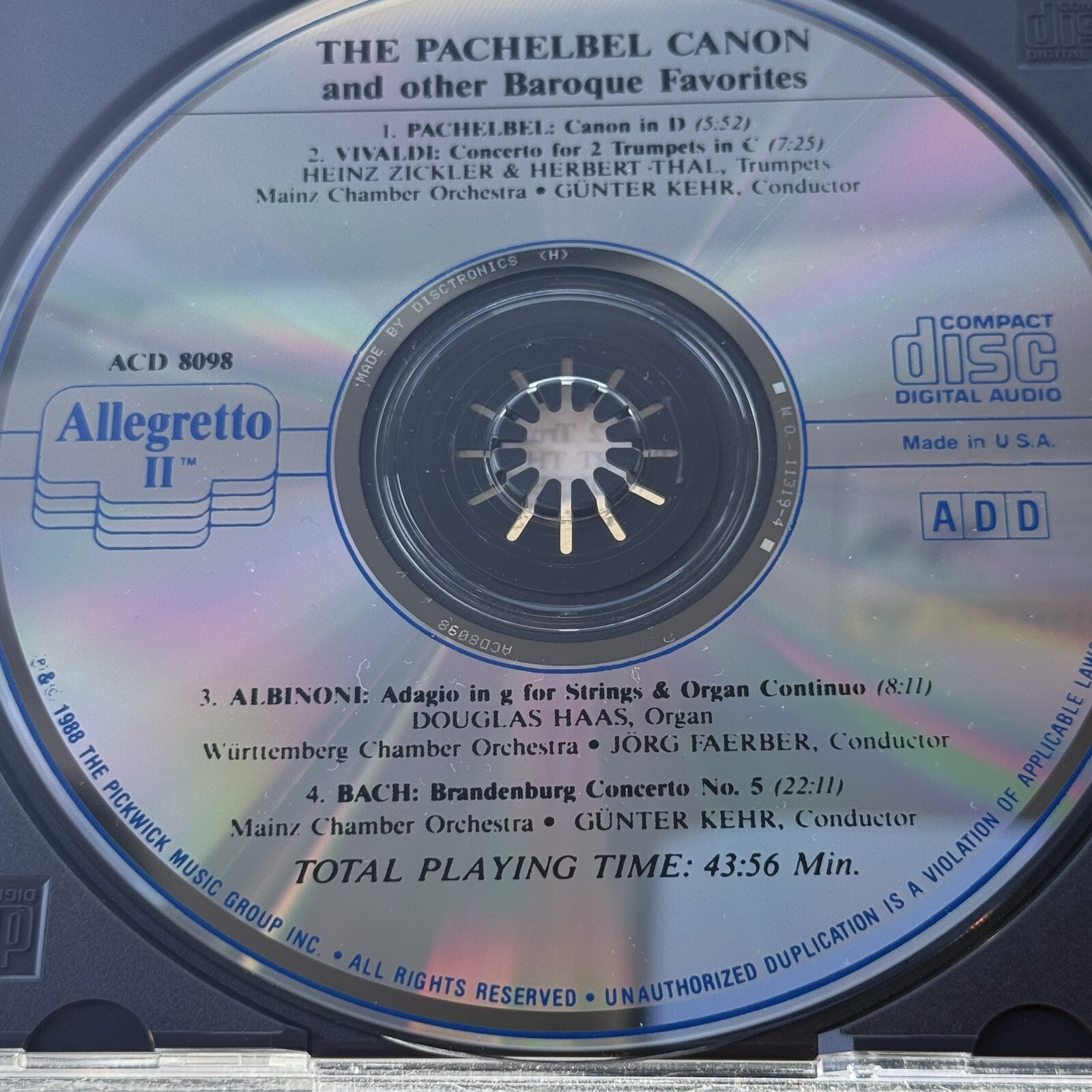The Pachelbel Canon Baroque CD Vivaldi, Albinoni, Bach 1988 ALLEGRETTO 44min VG+