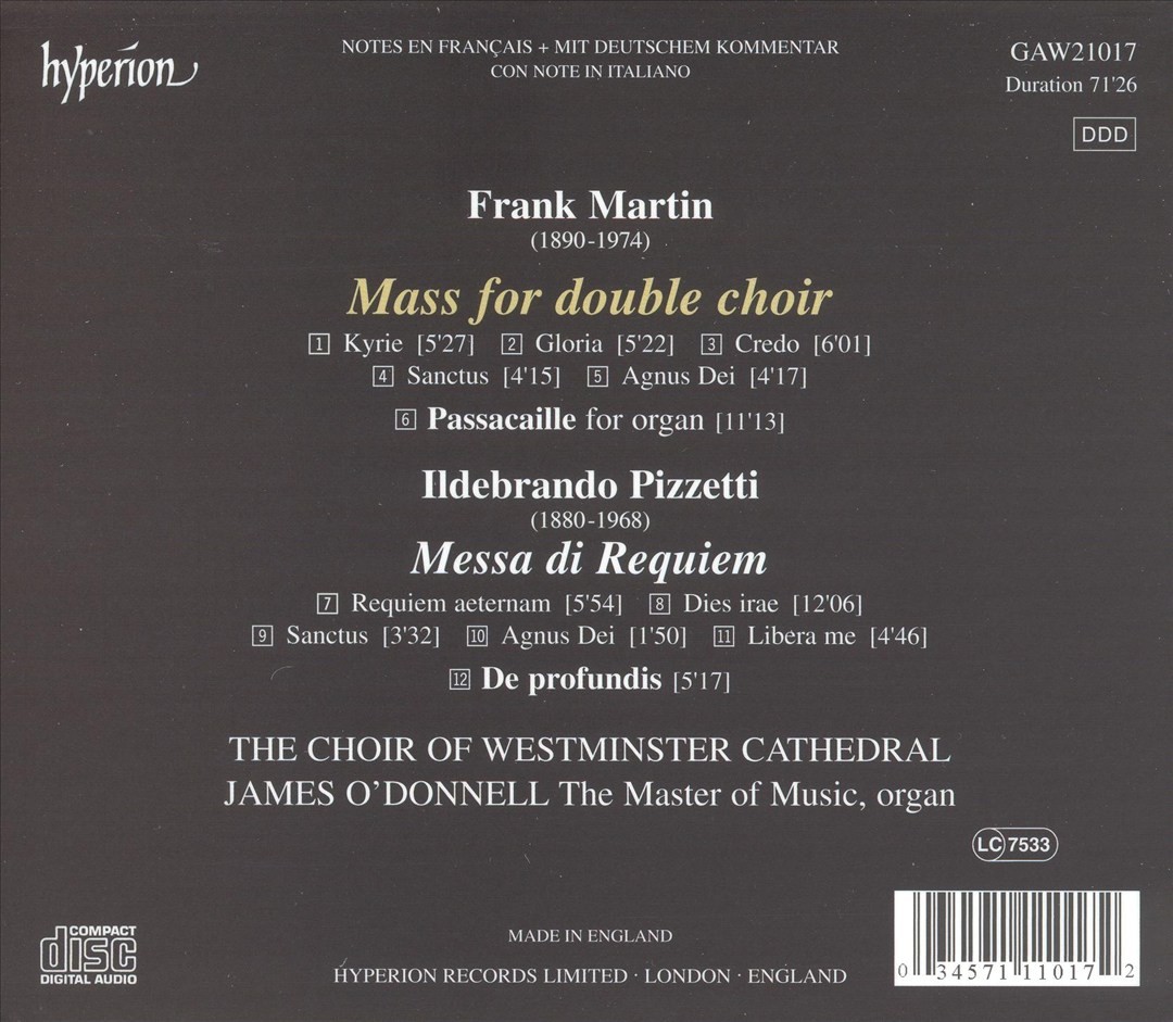 FRANK MARTIN: MASS FOR DOUBLE CHOIR; ILDEBRANDO PIZZETTI: MESSA DI REQUIEM (SPEC