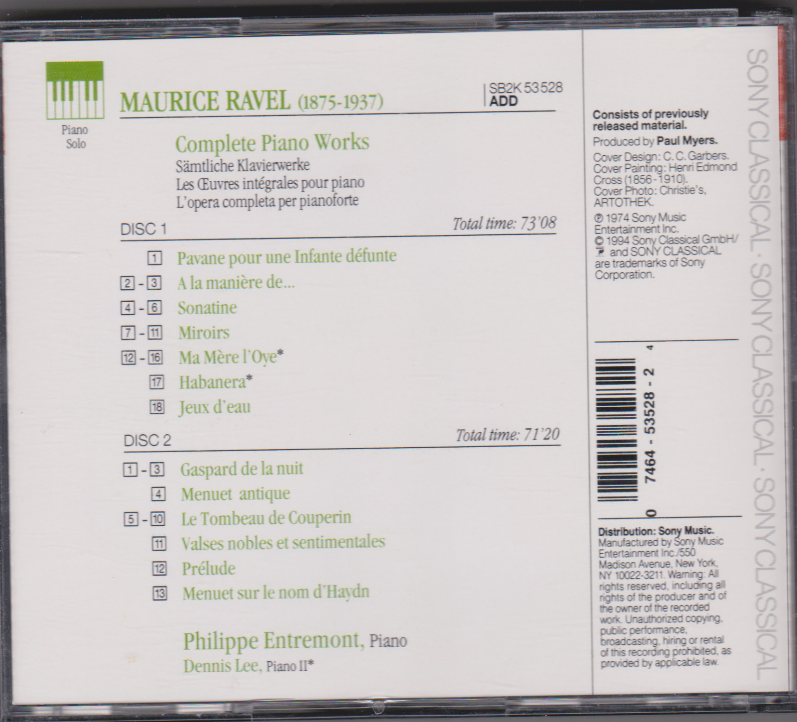 Ravel: Complete Piano Works CD Philippe Entremont , 2 Discs, Sony Classical