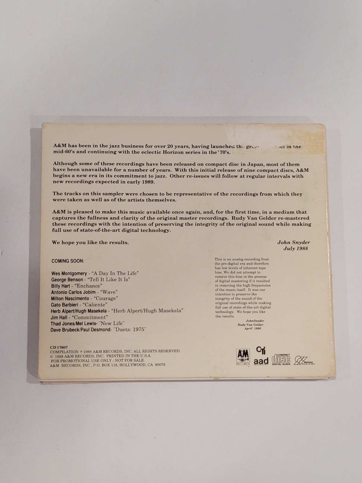 JAZZ HERITAGE SAMPLER (A&M RECORDS – CD 17607) 1988 COMPILATION PROMO CD ALBUM