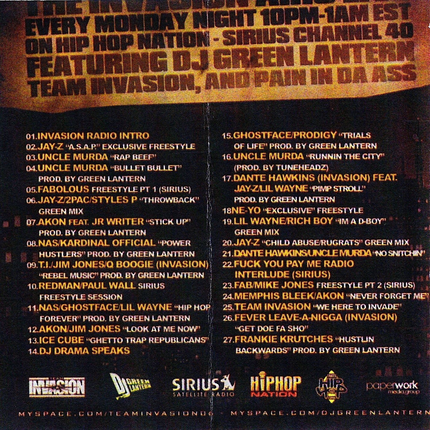 DJ GREEN LANTERN - SIRIUS INVASION - HIP HOP RAP NYC MIXTAPE MIX CD