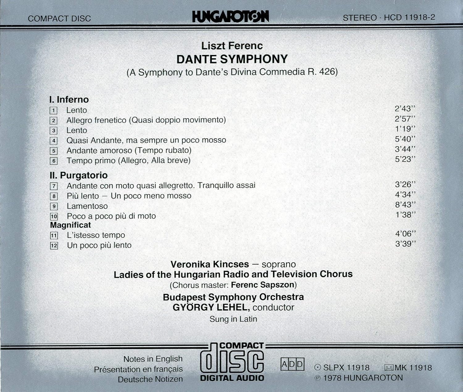 Liszt: Dante Symphony - Kincses / Budapest SO / Lehel (CD, 1996)