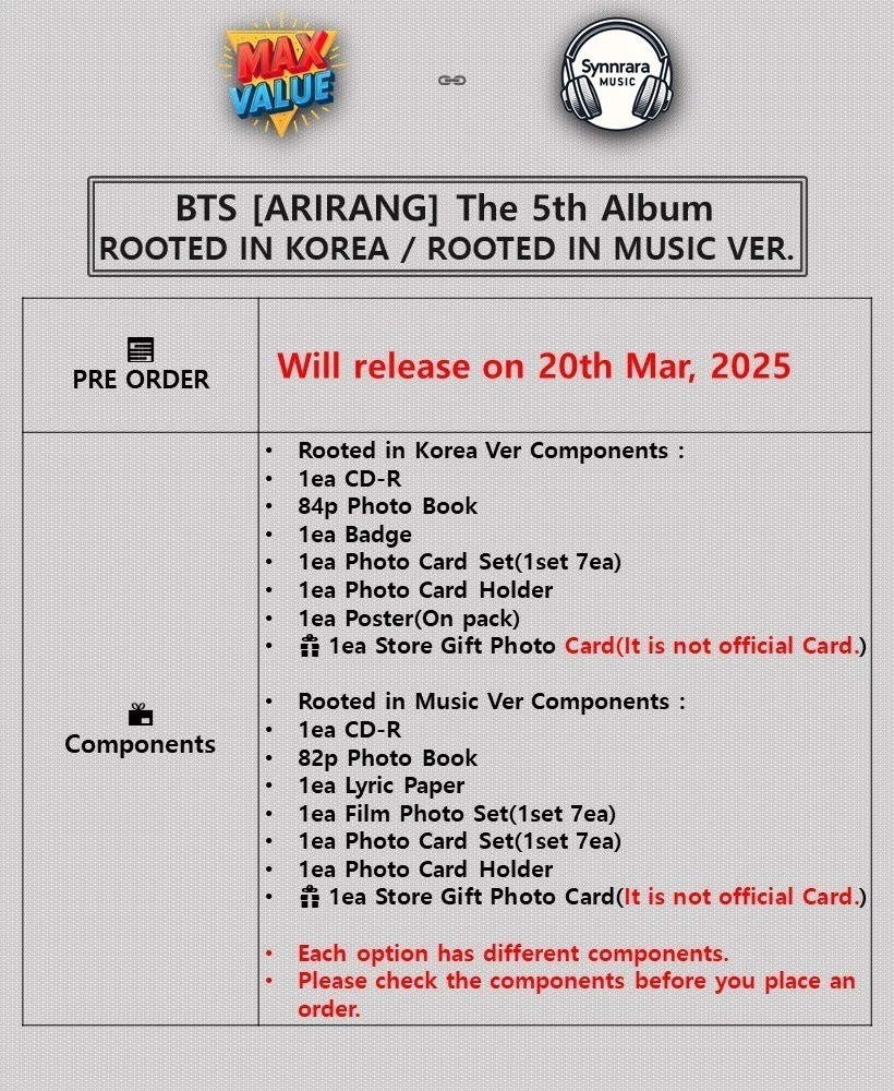 BTS ARIRANG 5th Album ROOTED IN KOREA/MUSIC Ver/CD+Foto Buch+7 Karte+Holder+GIFT
