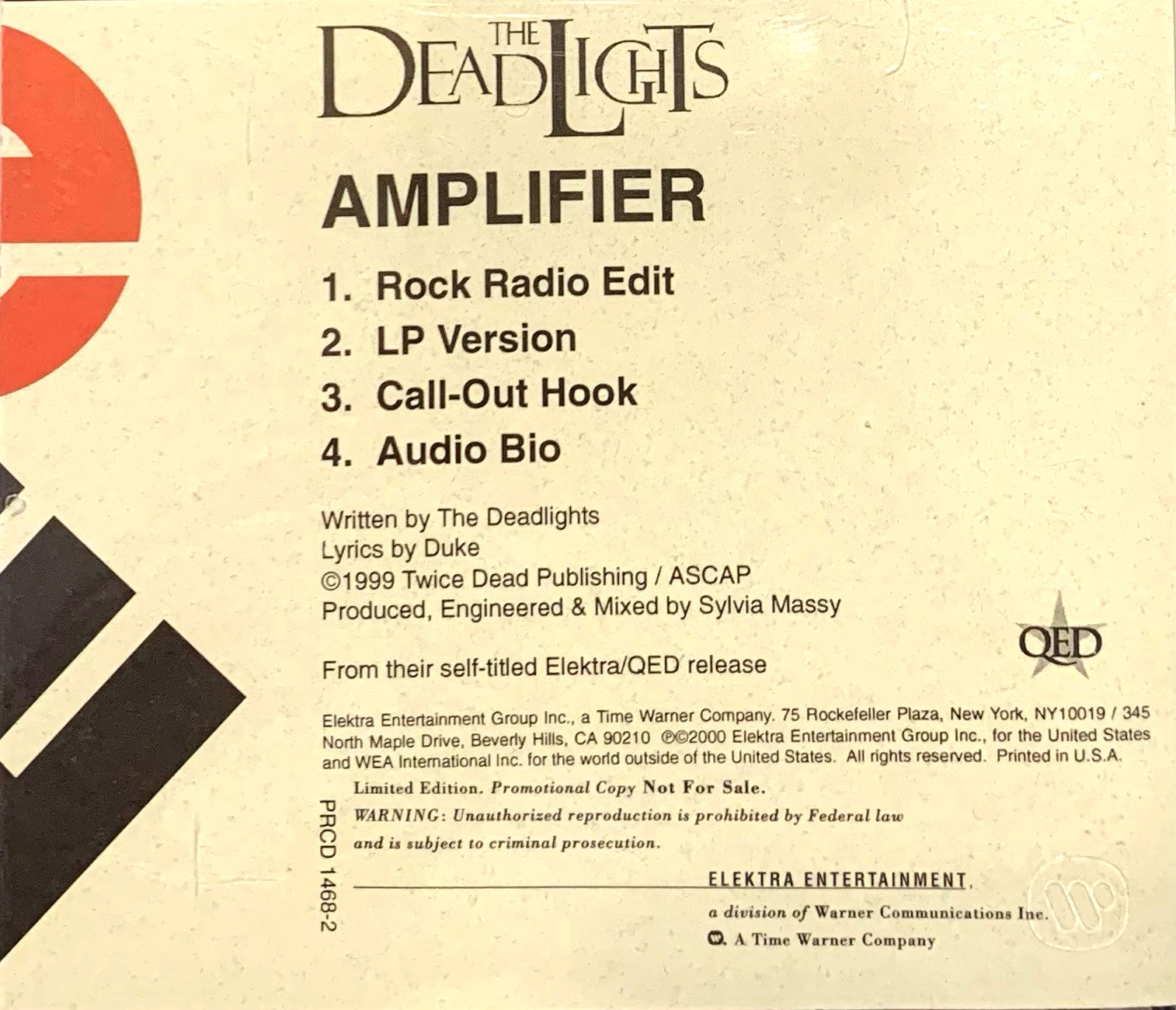 THE DEADLIGHTS "Sweet Oblivion" "Amplifier" US Promo CD Singles Mixes, Audio Bio