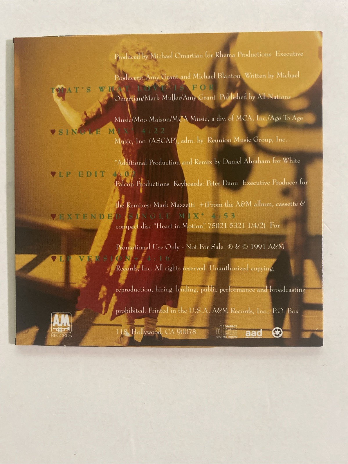 Amy Grant - That's What Love Is For - Used Like New Promo CD Single -US 1991 A&M