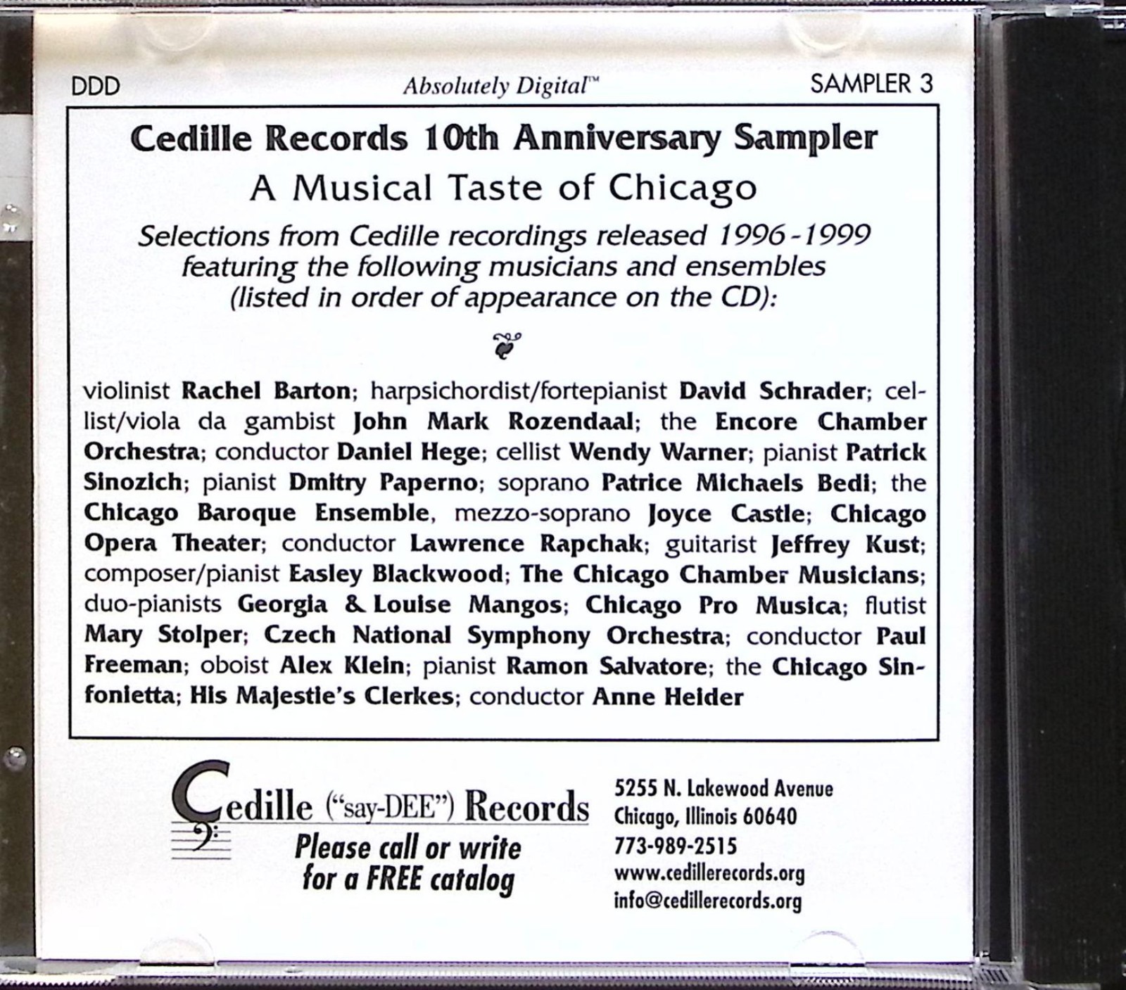 VARIOUS ARTISTS CEDILLE RECORDS 10TH ANNIVERSARY SMAPLER CEDILLE REC CD 628A
