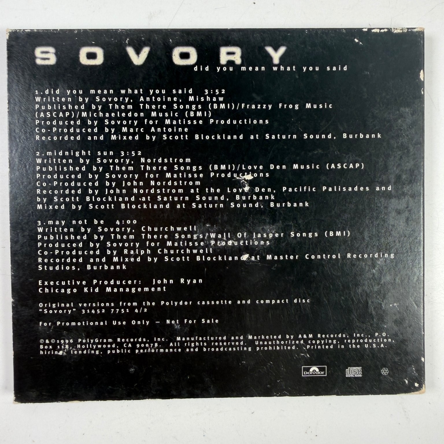 Sovory – Did You Mean What You Said CD 1996 Promo Pop R&B Polydor
