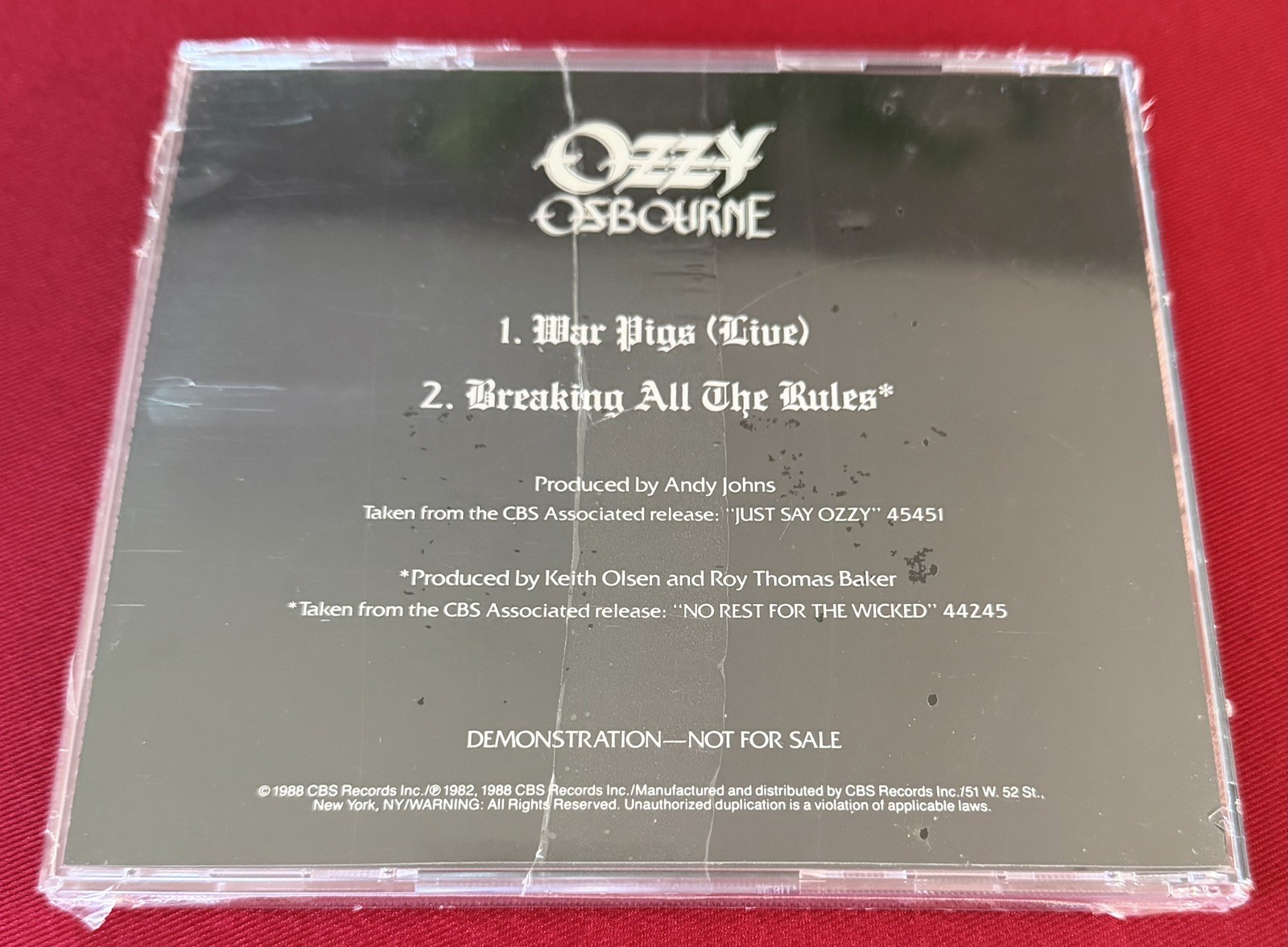 Ozzy Osbourne “Live Pigs” Promo Picture CD War Pigs 1988 - SEALED RARE