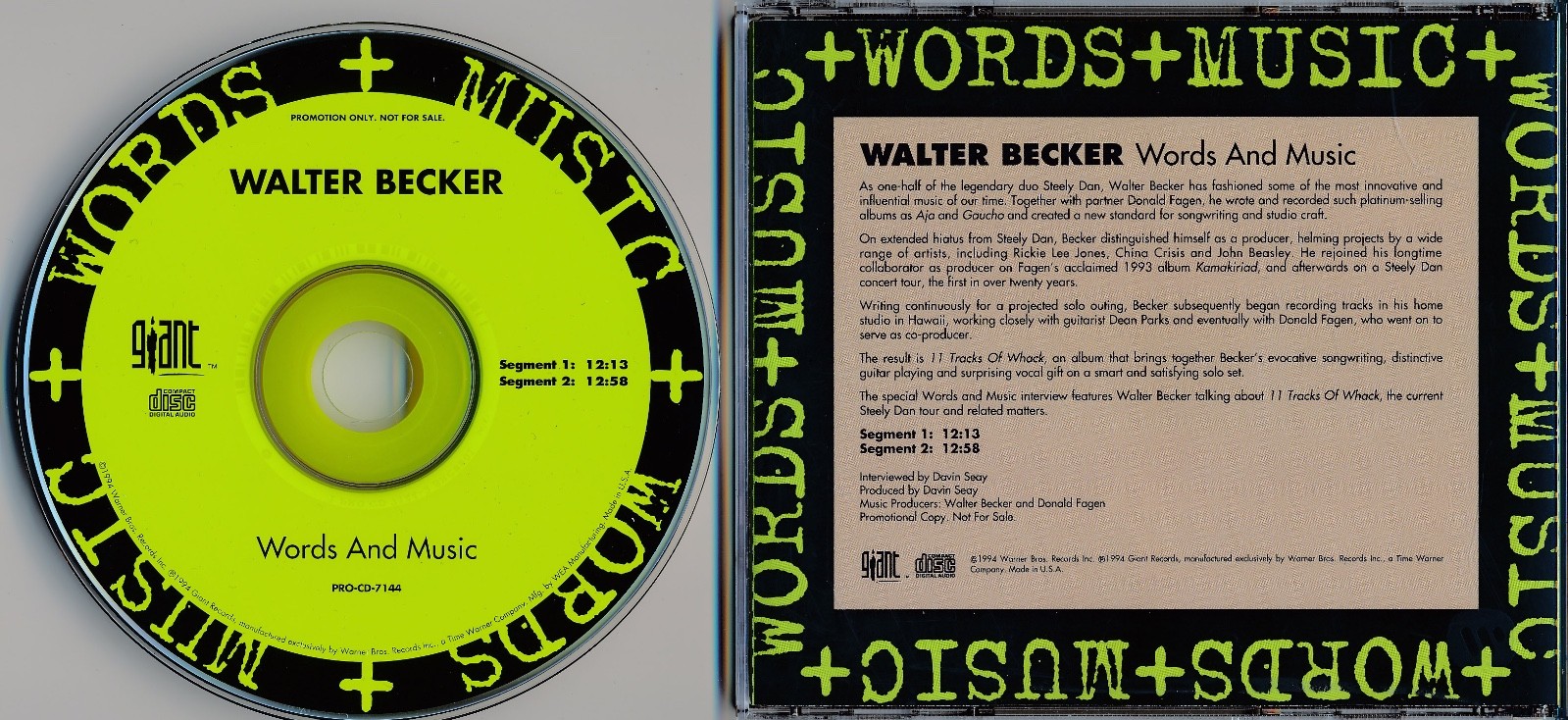 Walter Becker-Steely Dan-Words + Music-Giant PRO-CD-7144-VTG 1994 DJ CD Profile!