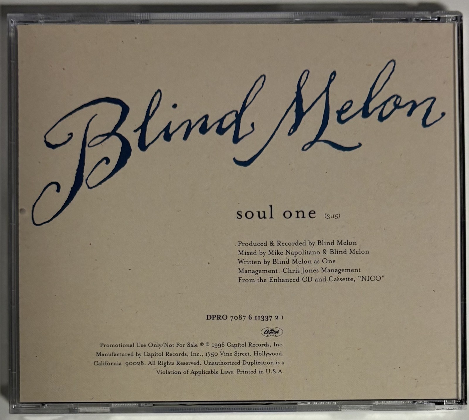 BLIND MELON Soul One US promo cd single 1996 Capitol alt GRUNGE Shannon Hoon