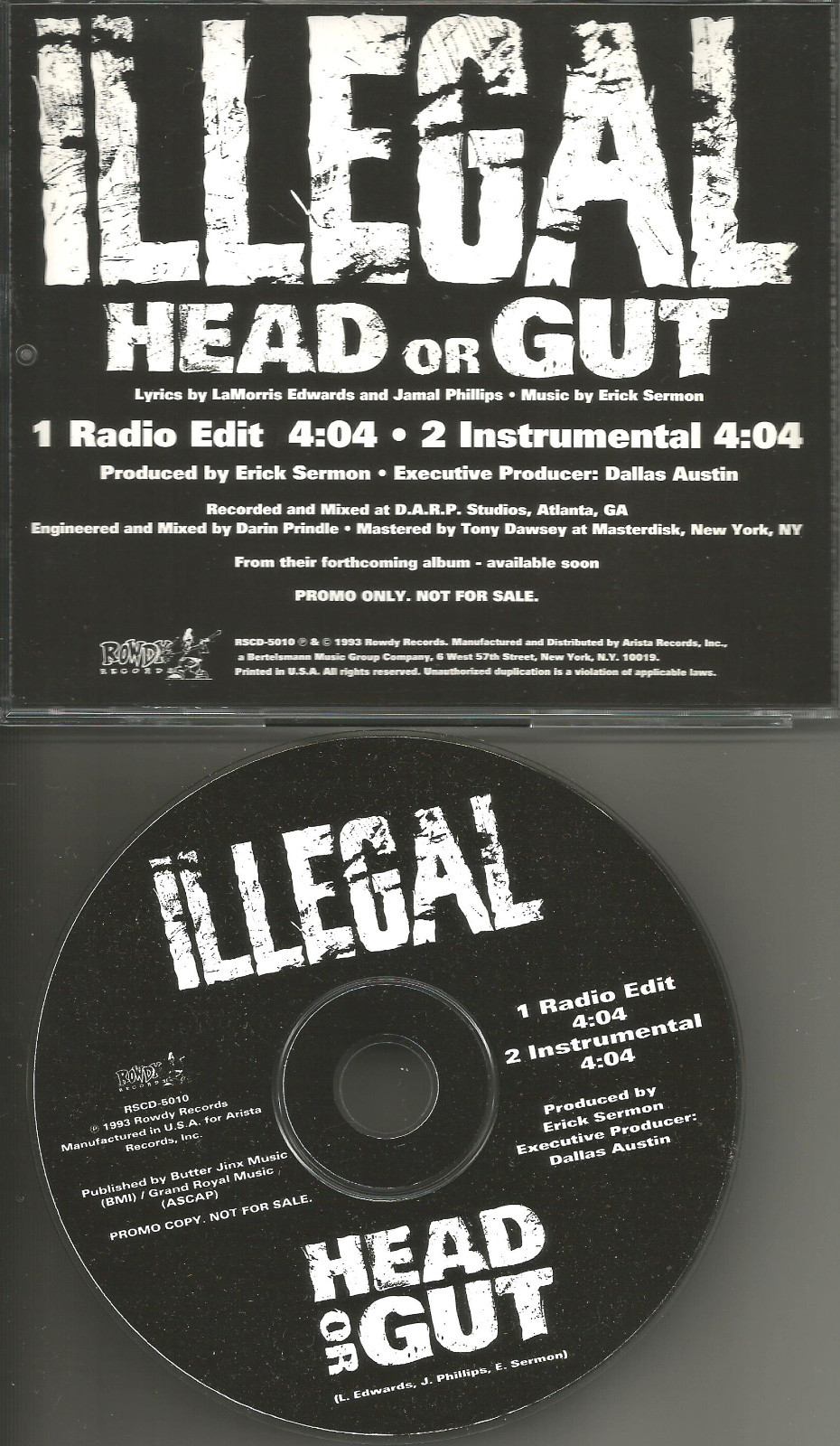 ILLEGAL Head or Gut w/ RARE RADIO EDIT & INSTRUMENTAL PROMO DJ CD single 1993
