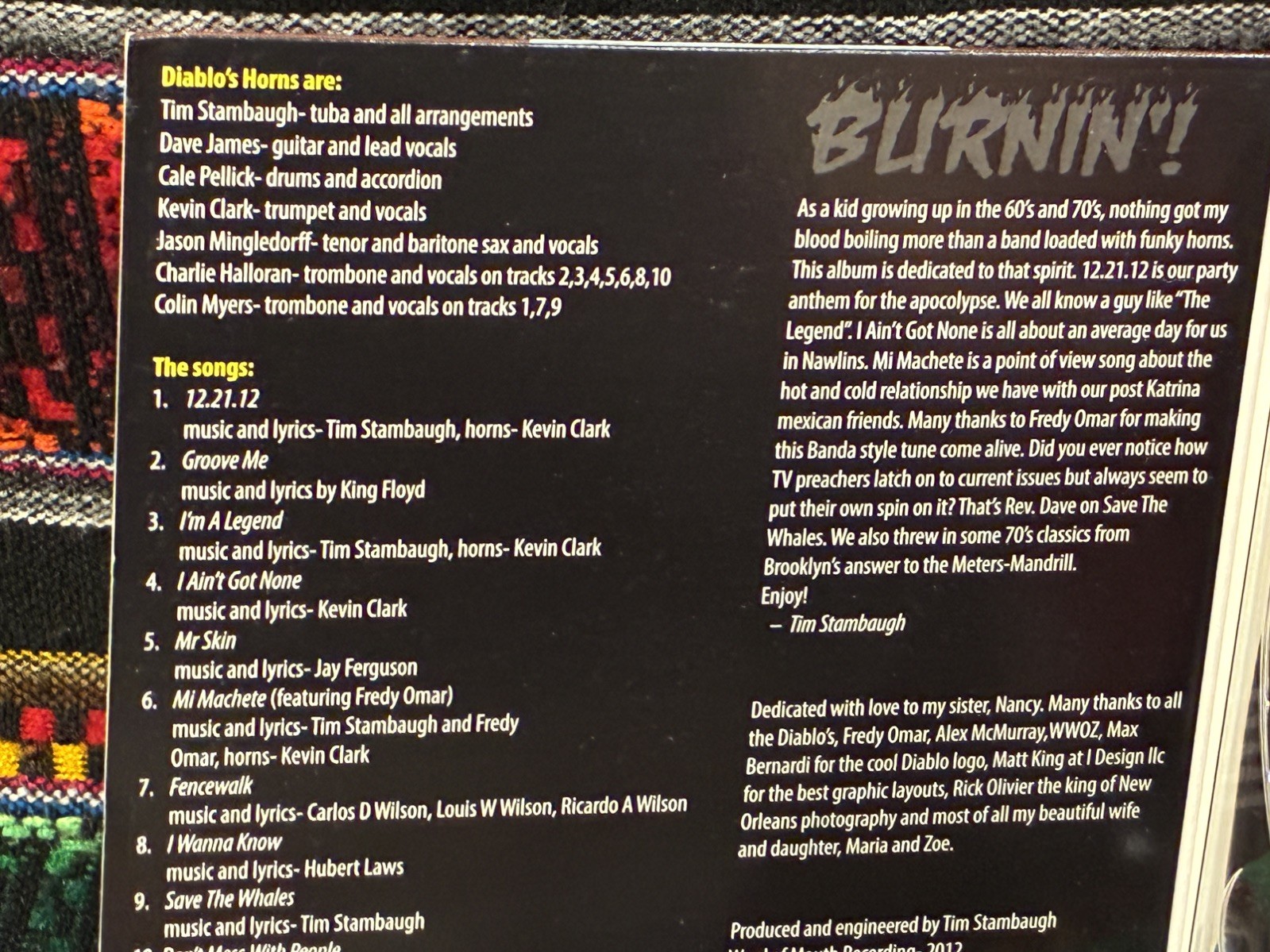 DIABLO'S HORNS Burnin' CD New Orleans brass band jazz funk soul 2012 private