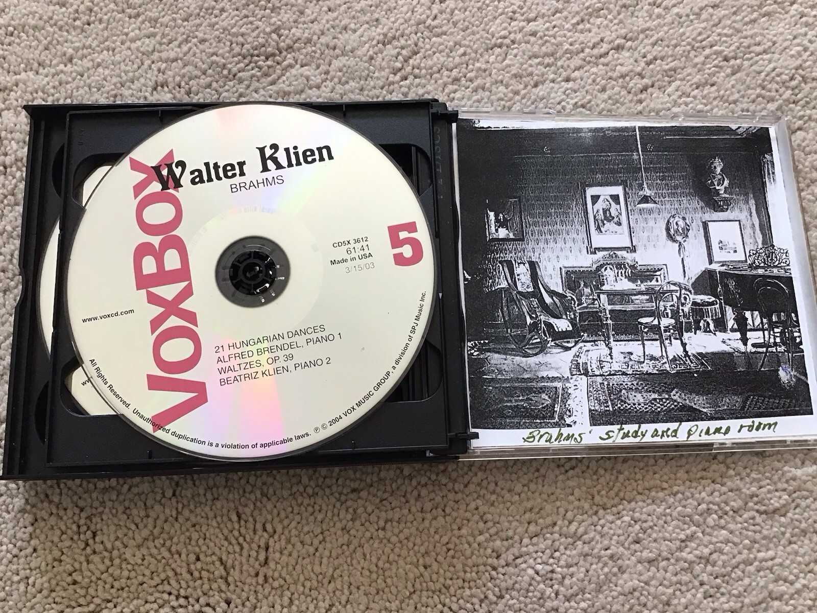 Walter Klien Plays Brahms 5 CD Set 2004 VoxBox CD5X 3612 Plus Extra Inserts