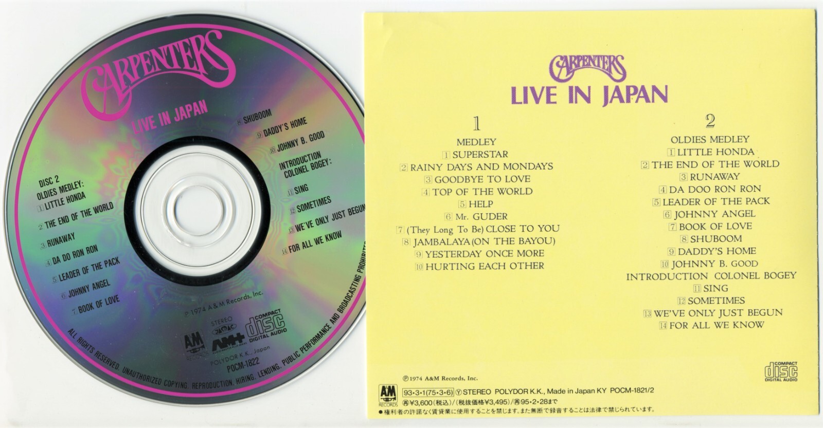 TWENTY TWO HITS OF THE CARPENTERS +LIVE IN JAPAN [CD#2 ONLY] JAPAN IMPORT CD LOT