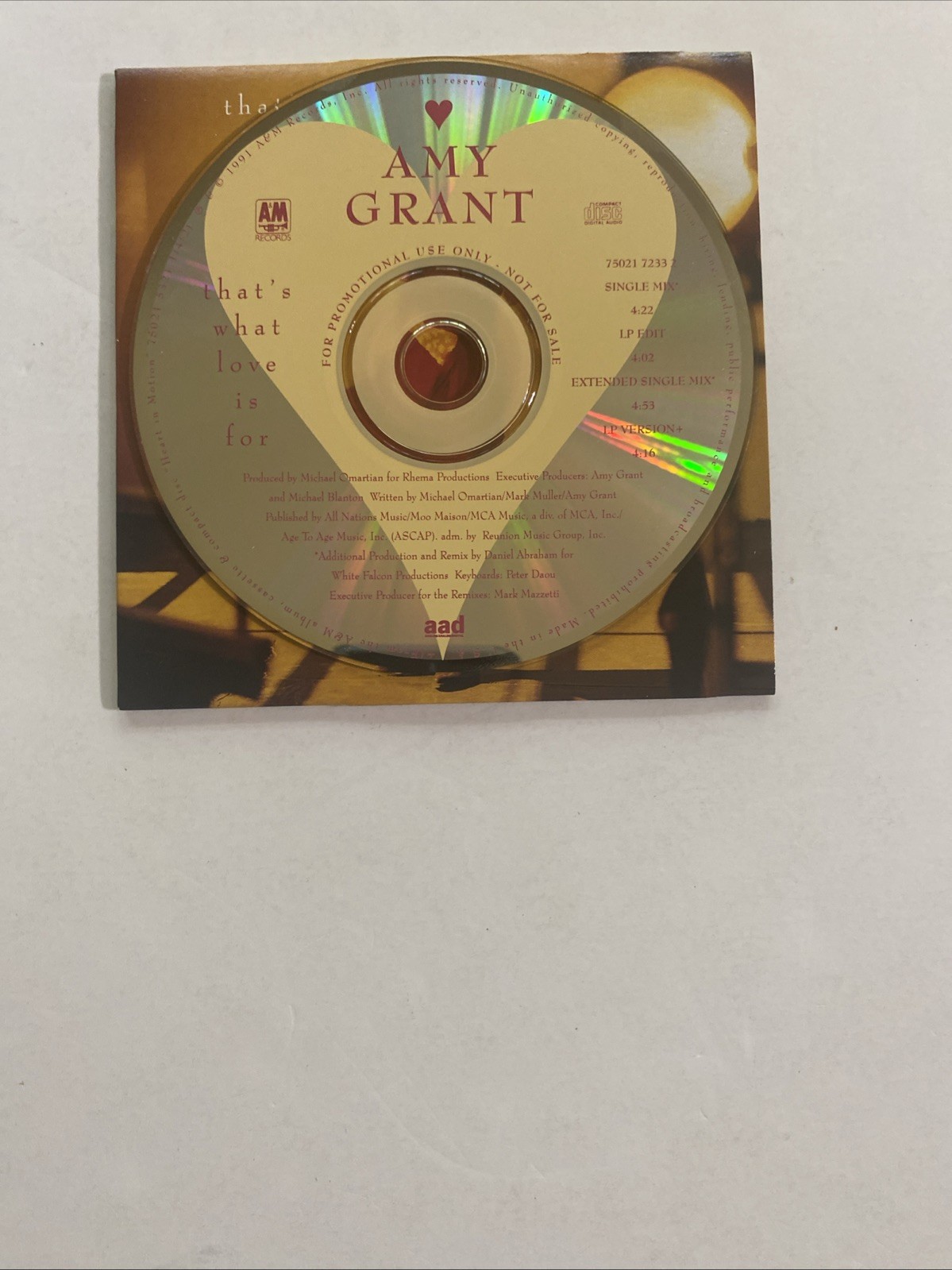 Amy Grant - That's What Love Is For - Used Like New Promo CD Single -US 1991 A&M
