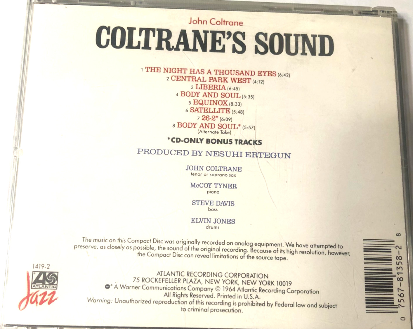 John Coltrane Coltrane's Sound (CD, Jul-!988 Atlantic Jazz)