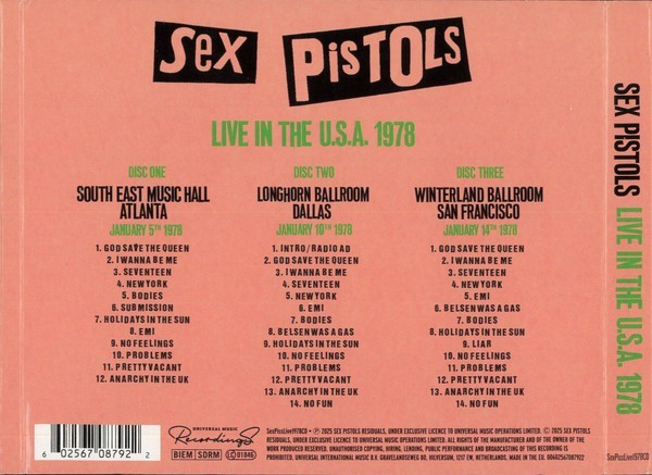 Sex Pistols – Live In The U.S.A. 1978 3 CD Set - Compilation Album - NEW