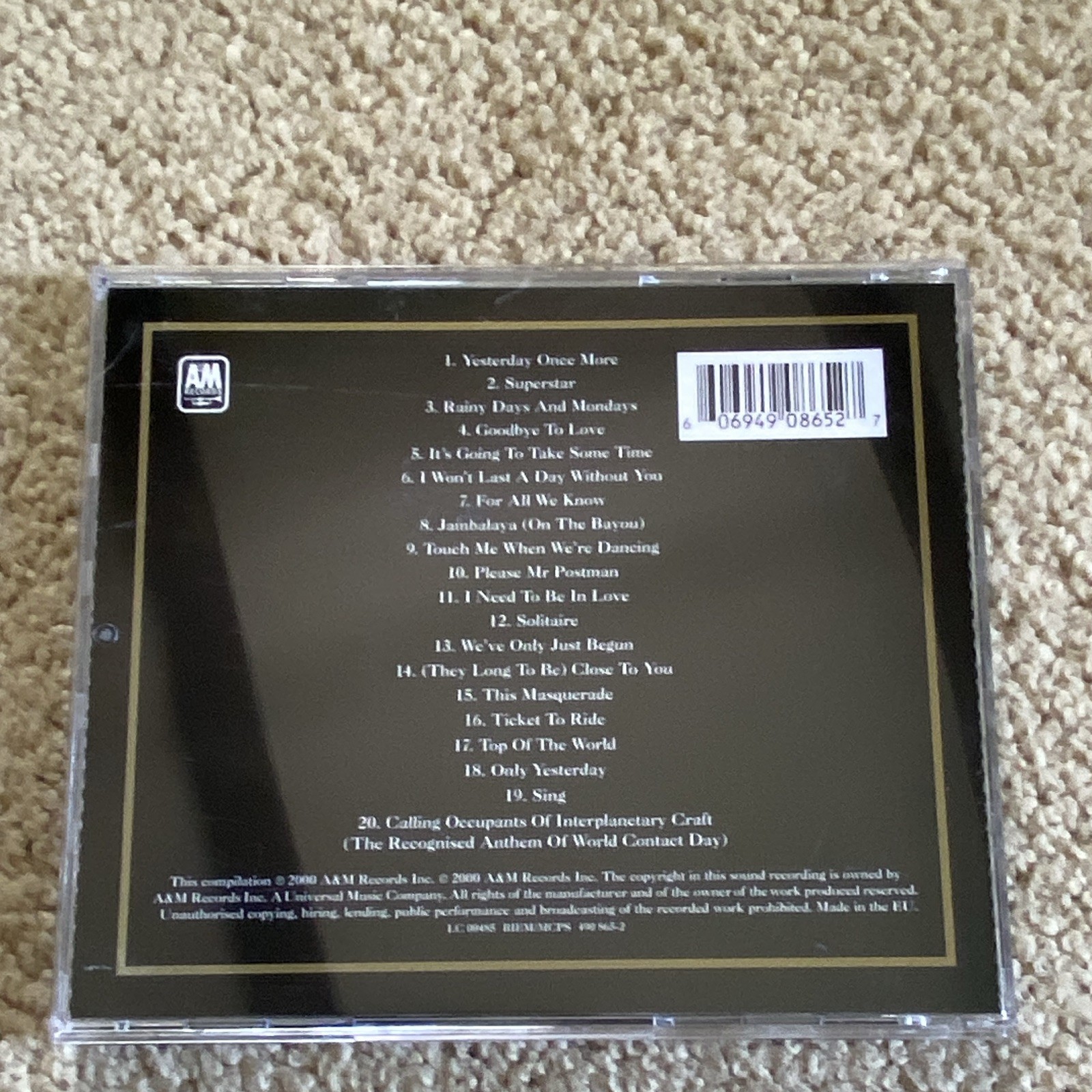 Carpenters - Gold (CD, 2000, A&M, Pop) Greatest Hits, Std Jewel Case
