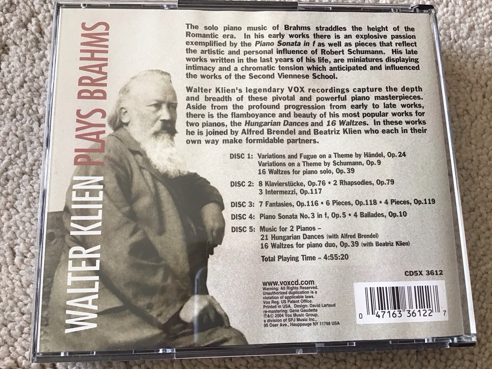 Walter Klien Plays Brahms 5 CD Set 2004 VoxBox CD5X 3612 Plus Extra Inserts