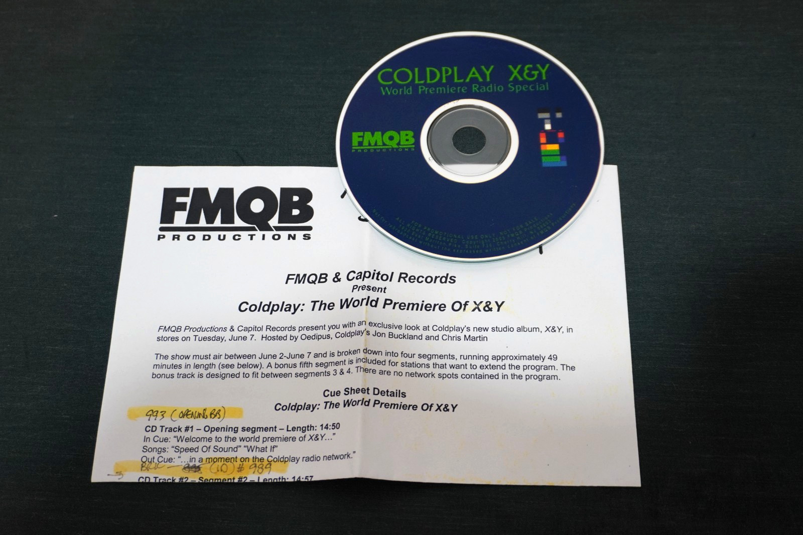Coldplay - X&Y (World Premiere Radio Special) CD FMQB Productions + Cue Sheet