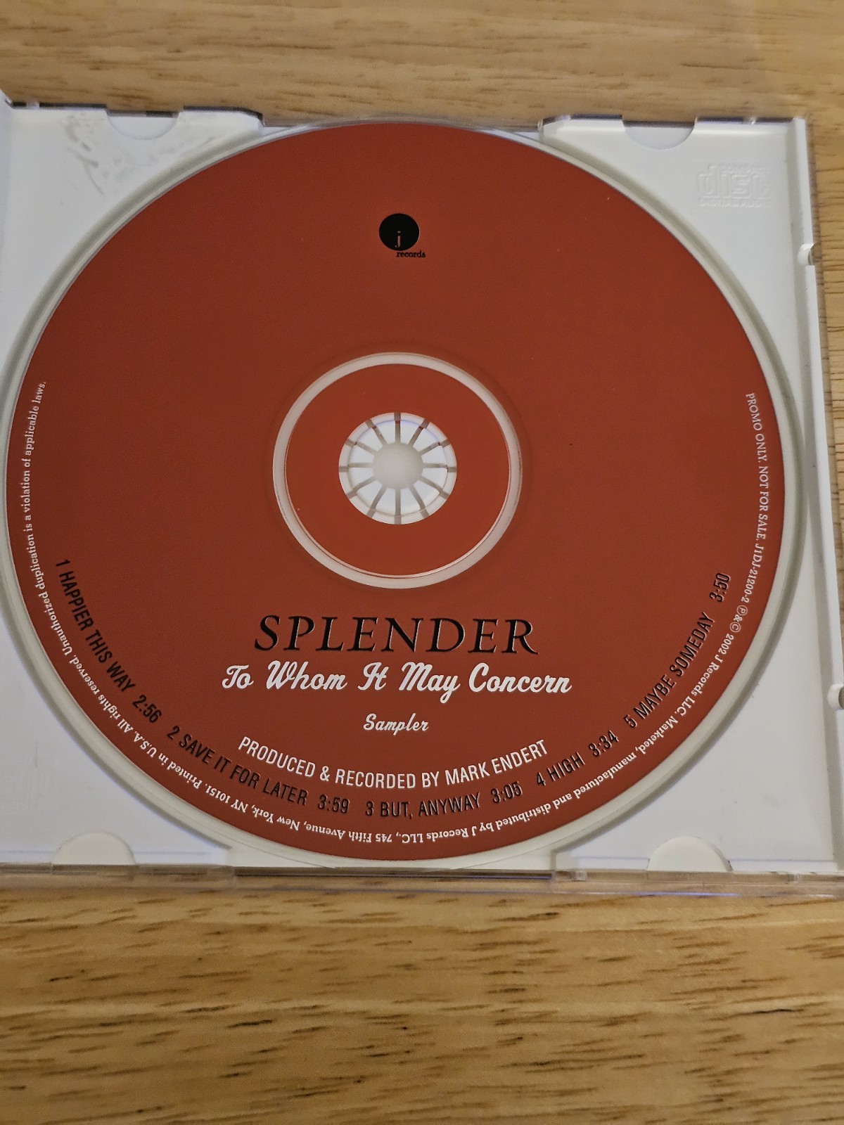 Splender - To Whom It May Concern Song Sampler CD 2002 Promo VG