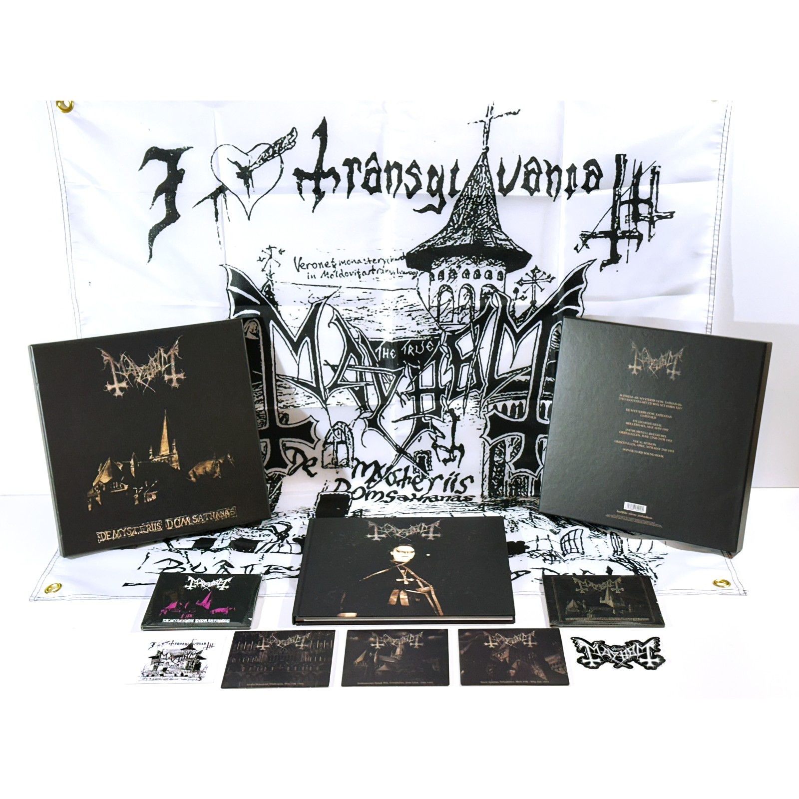 MAYHEM De Mysteriis Dom Sathanas CD BOX SET + ...Alive CD/DVD + Flag / Stickers