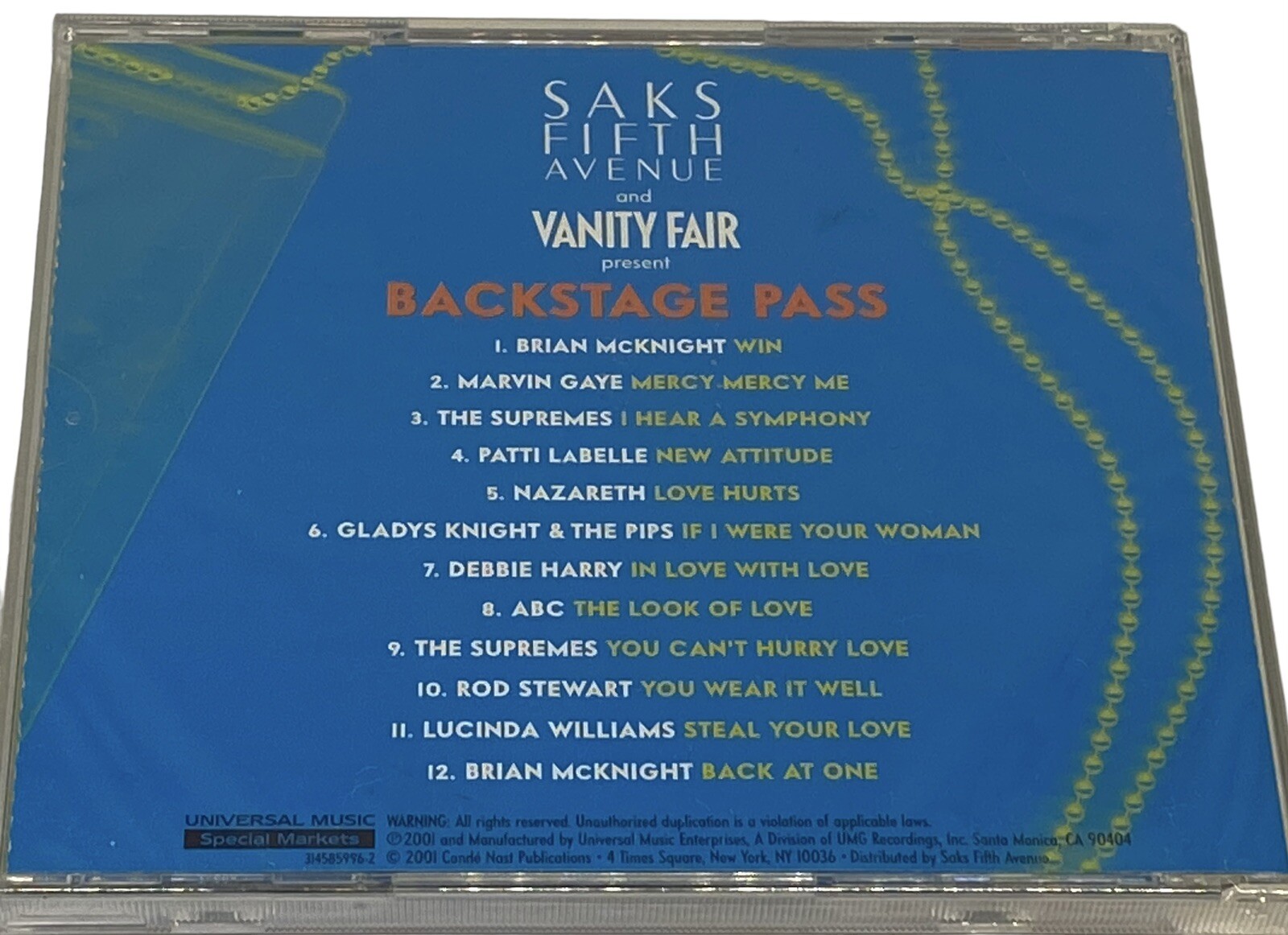 Backstage Pass Music CD 2001 Saks Fifth Avenue Vanity Fair Present Pop Rock New