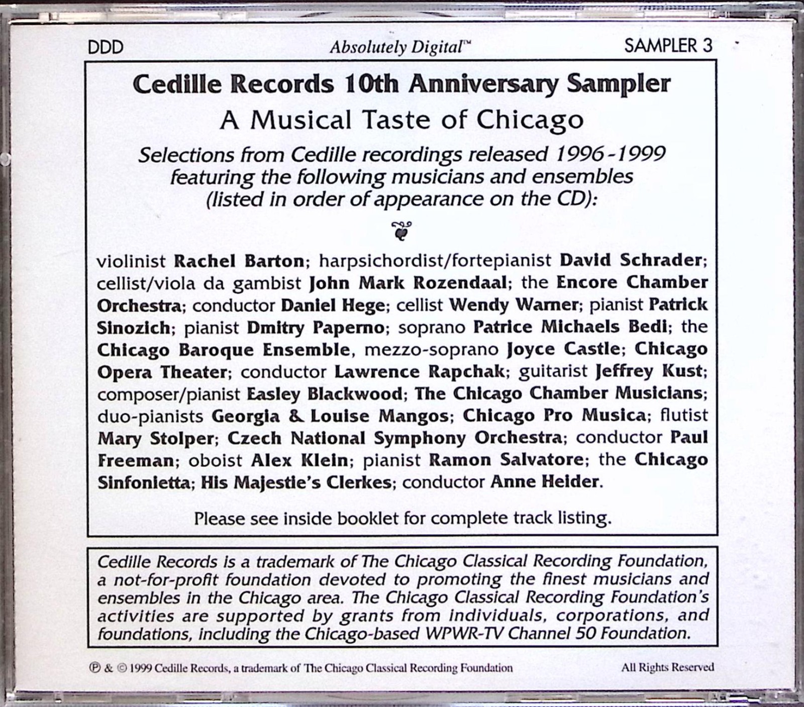 VARIOUS ARTISTS CEDILLE RECORDS 10TH ANNIVERSARY SMAPLER CEDILLE REC CD 628A