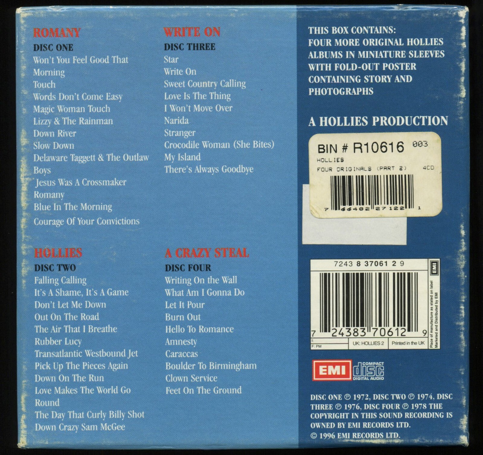 THE HOLLIES FOUR MORE ORIGINALS CD BOX SET EMI - ROMANY WRITE ON A CRAZY STEAL
