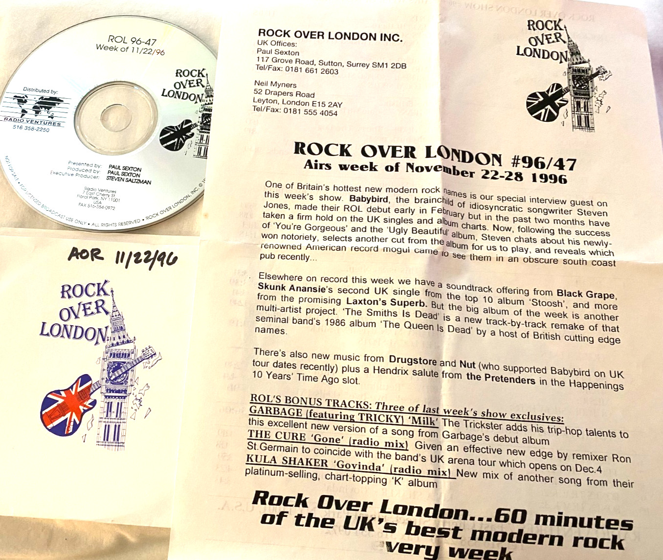 11/22/96 ROCK OVER LONDON 10 MIN SET: BABYBIRD TUNES & STEVEN JONES INTERVIEW