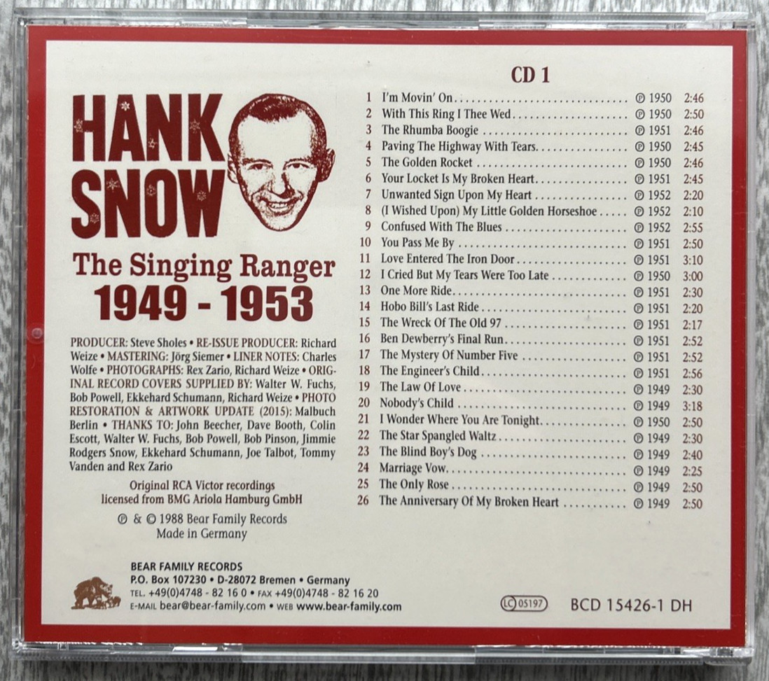 HANK SNOW "The Singing Ranger" 4xCD 1988 Bear Family Records ‎– BCD 15426
