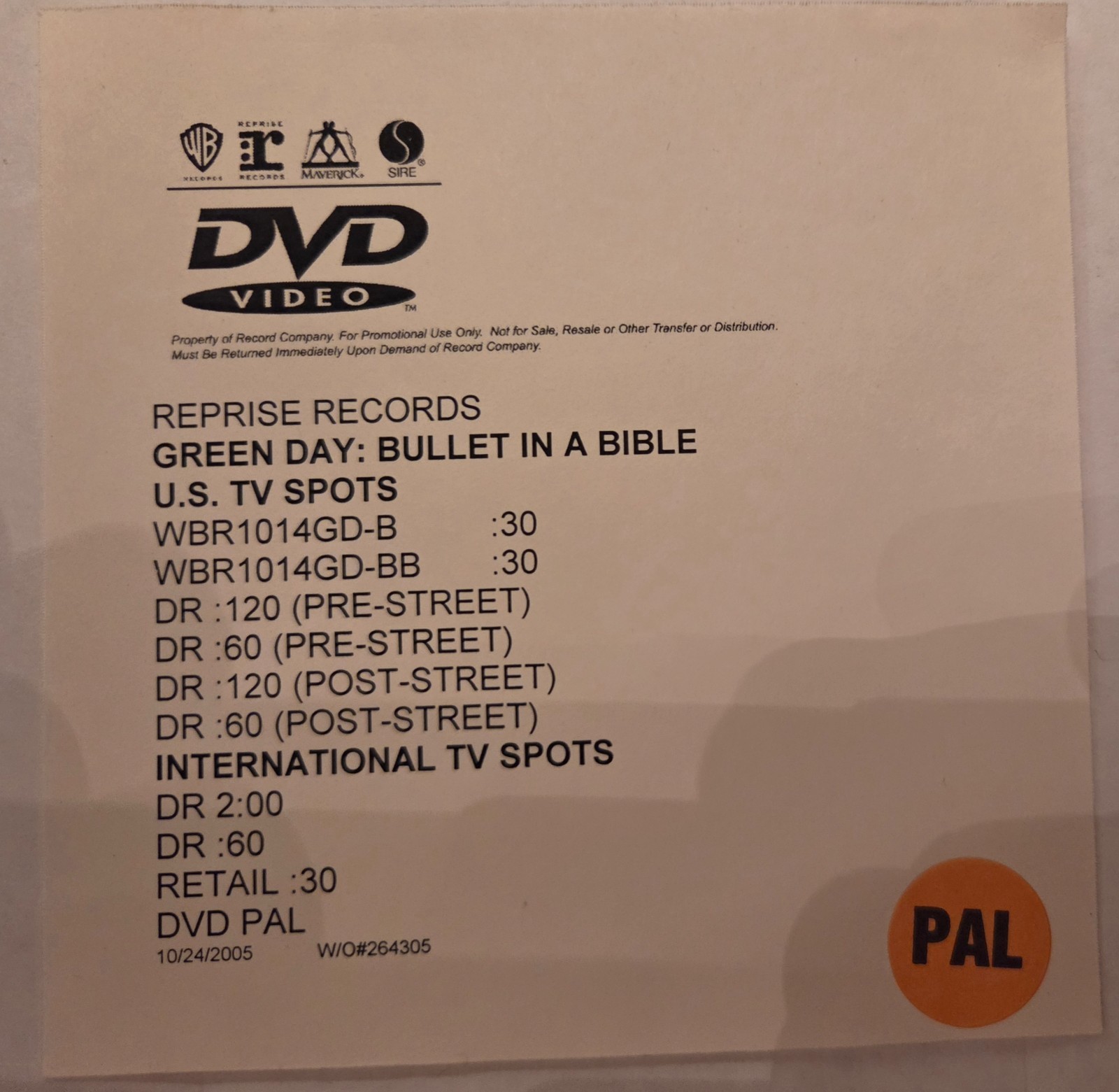 Green Day – Bullet In A Bible promo spots 9 versions PROMO DVDr 2005 US